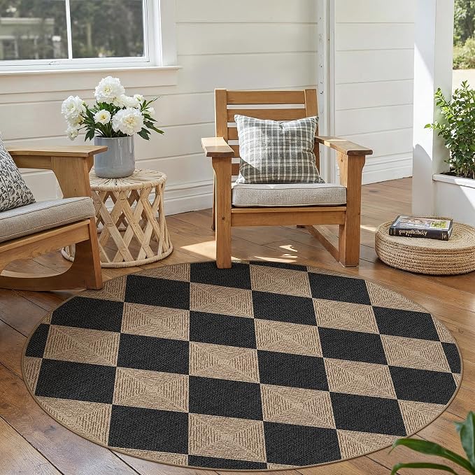 PureCozy Checkered 4 ft Easy Jute Round Rug, Washable Small Rugs for Entryway Patio, Farmhouse Textured Diamond Non Slip Non Shedding Indoor Outdoor Circle Carpet for Kitchen Porch
