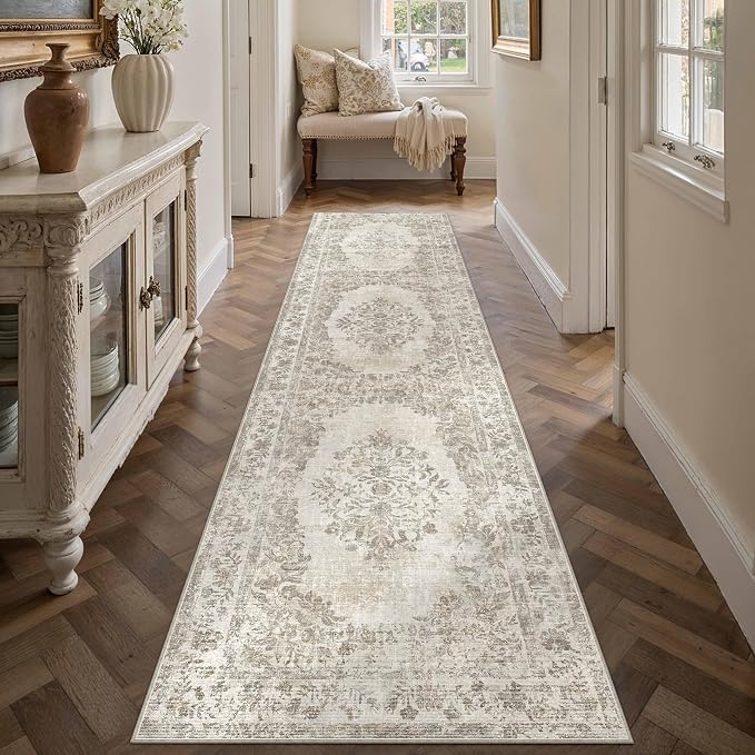2.6x12 Washable Runner Rug Hallway Cream Beige Vintage Carpet | Soft Low Pile, Non Slip, Stain Resistant, Floral Medallion, Neutral Retro Decor for Kitchen, Entryway, Bathroom, Laundry Room