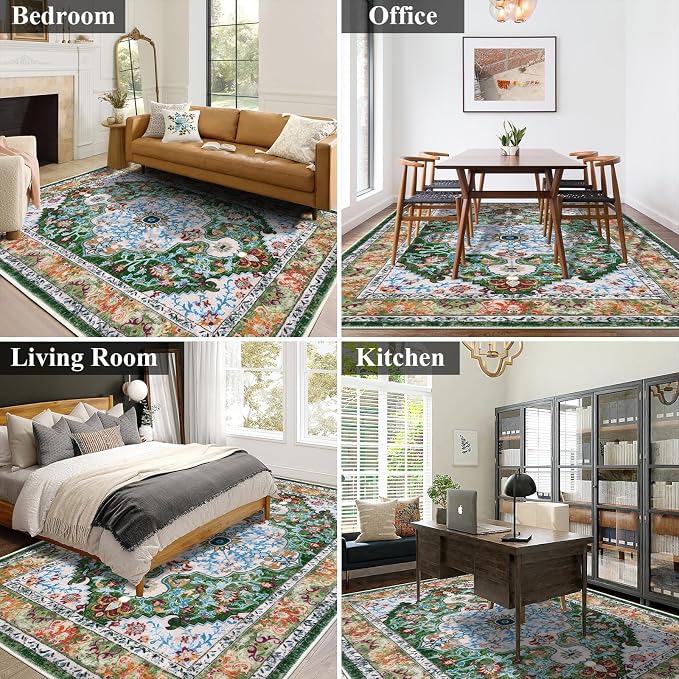 U'Artlines Boho Vintage Area Rug 6x9 Machine Washable Carpet, Green | Low Pile, Non Slip, Ultra-Thin Soft Floor Carpet, Accent Rug for Living Room Bedroom Dining Room Office