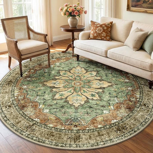 RELEANY Washable Area Rug, Round 6ft, Brick/Brown/Green | Non-Slip, Water Repellent, Pet Friendly, Easy to Clean, Vintage Floral Boho Decor for Living Room Bedroom Dining Room