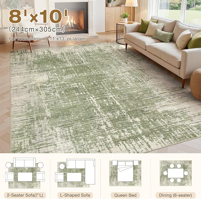 kakania Abstract 8x10 Area Rugs for Living Room: Washable Rugs Green | Soft, Non-Slip, Low-Pile, Pet & Kid Friendly - Large Modern Home Decor Carpet for Bedroom/Dining Room/Office/Nursery