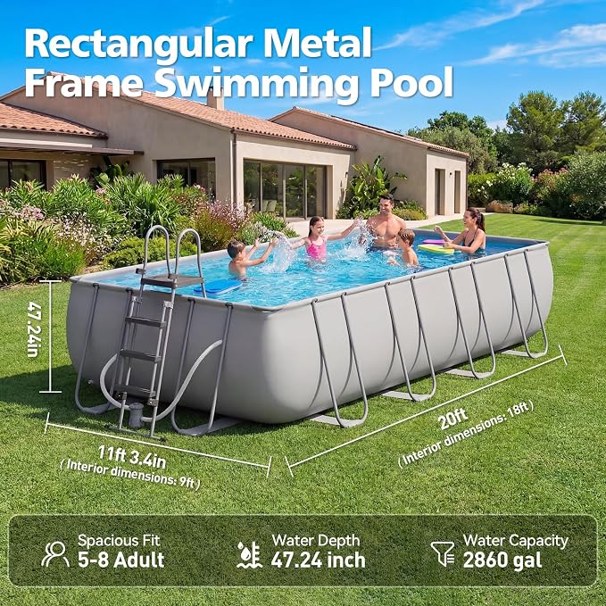 18ft X 9ft Above Ground Pool Set with Removable Ladder and Filter Pump, Rectangular Swimming Pool with Steel Frame for Backyard, Gray