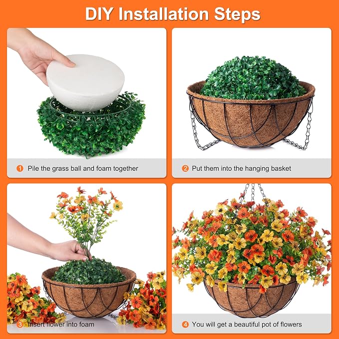 Fake Mums Artificial Fall Flowers with Hanging Baskets Outdoors for Decoration Faux mums for outdoor planters Daisy Flower with Eucalyptus Leaves for Porch Home Patio Balcony and Yard Autumn Decor