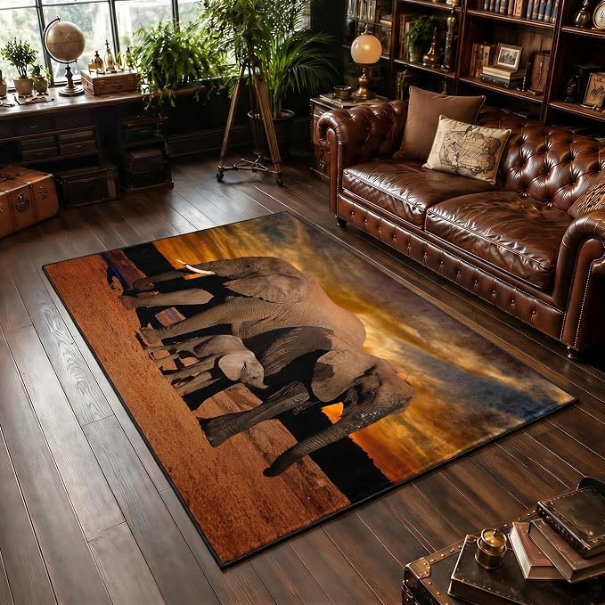 9CH African Elephant Sunset Area Rug, Non-Slip African Rugs for Living Room Bedroom Dinning Kitchen Office Large Carpet Rug 7'X5'