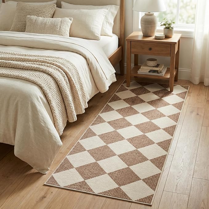 GarveeHome Checkered Rug Runners Hallway 2x6 Brown Kitchen Runner Non Slip | Soft Diamond Print Entryway Rug Thin Laundry Mat Stain Resistant Carpet for Bedroom Bathroom Beside