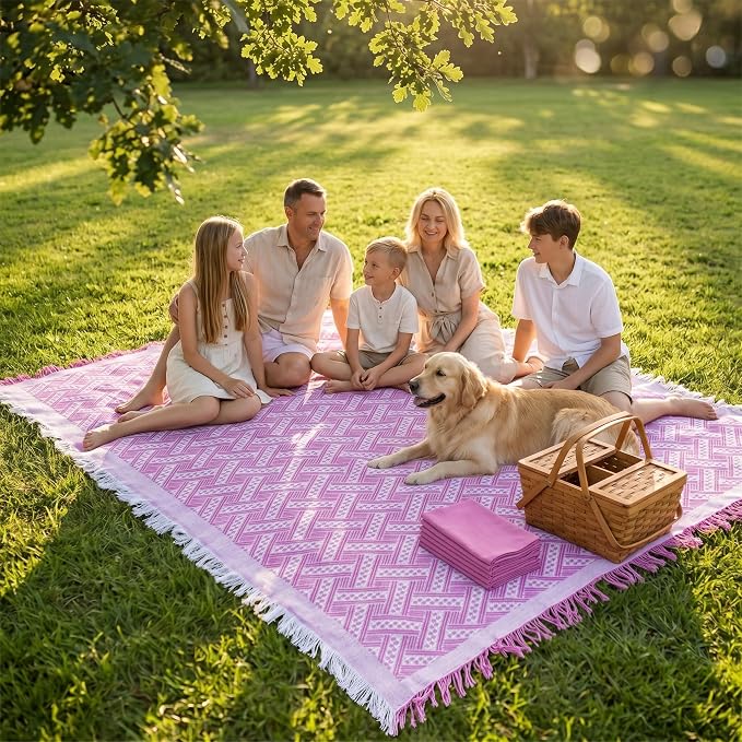 70x70 Bohemian Picnic Mat Extra Large, Sand Proof Outdoor Camping Blanket Machine Washable, Lightweight Portable Travel Tarp for 5-7 Adults Beach Park Grass (Pink-T-Grid)