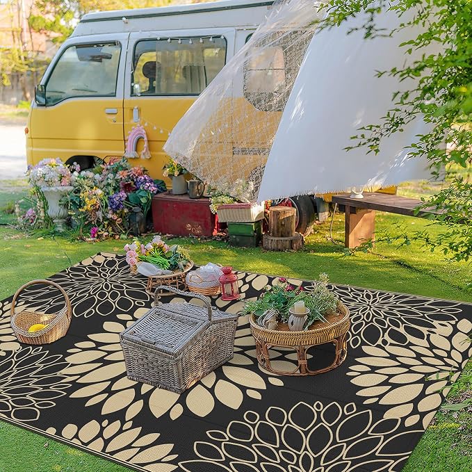 Ileading Waterproof Outdoor Rug 5x8, Reversible Plastic Straw Patio Rug, Portable Indoor Outdoor RV Camping Mat Carpet for Deck, Porch, Balcony, Backyard, Picnic, Floral Black
