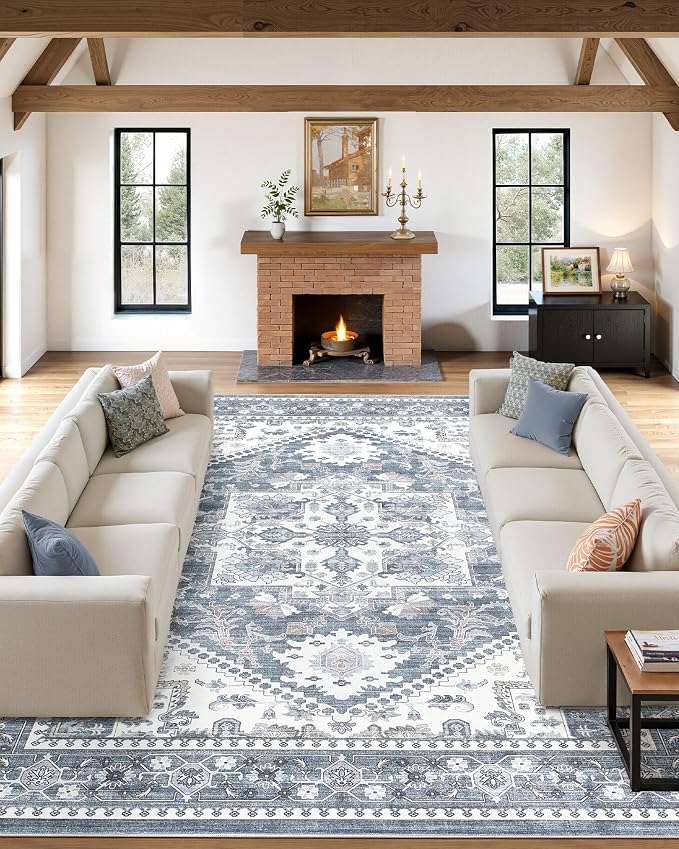 Washable Area Rug-9X12 Vintage Neutral Soft Blue | Non Slip Thin Foldable Large Floor Carpet for Living Room Bedroom Kitchen Dining Room Home Office Farmhouse Indoor