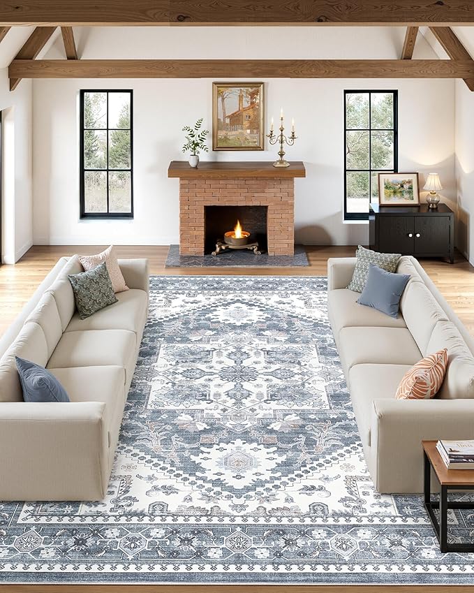Washable Area Rug-10X14 Vintage Neutral Soft Blue | Non Slip Thin Foldable Large Floor Carpet for Living Room Bedroom Kitchen Dining Room Home Office Farmhouse Indoor