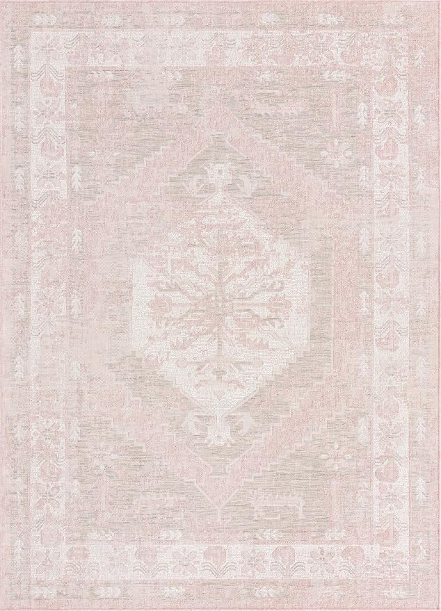 Unique Loom Outdoor Traditional Collection Area Rug - Valeria (7' 1" x 10' Rectangle, Pink/ Ivory)