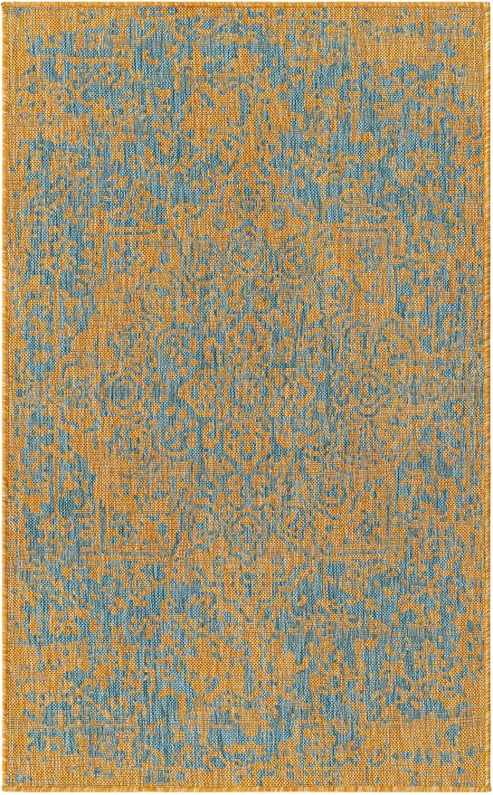 Unique Loom Jill Zarin Jill Zarin Outdoor Collection Area Rug - Dubai (3' 3" x 5' 3" Rectangle, Yellow and Aqua/Light Blue)