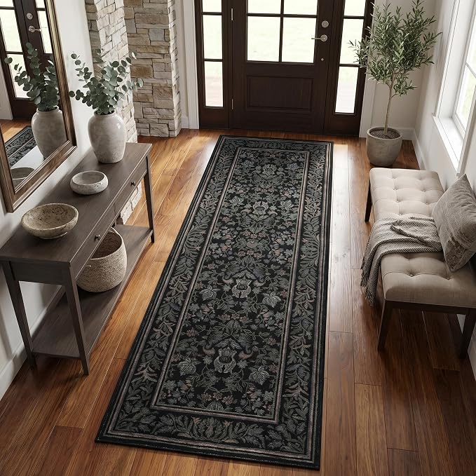 GarveeHome Washable 2.5x10 Hallway Runner Rug Non Slip Kitchen Rugs, Black | Boho Vintage Runner Rugs with Rubber Backing Soft Low-Pile Stain Resistant Indoor Long Carpet for Entryway Bedroom Laundry