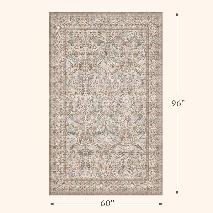 Vintage Floral 5x8 Dining Room Rug, Machine Washable Moss Green Living Room Area Rugs, Non Slip Low Pile Farmhouse Carpet for Home Office Bedroom, Soft Stain Resistant Indoor Carpet