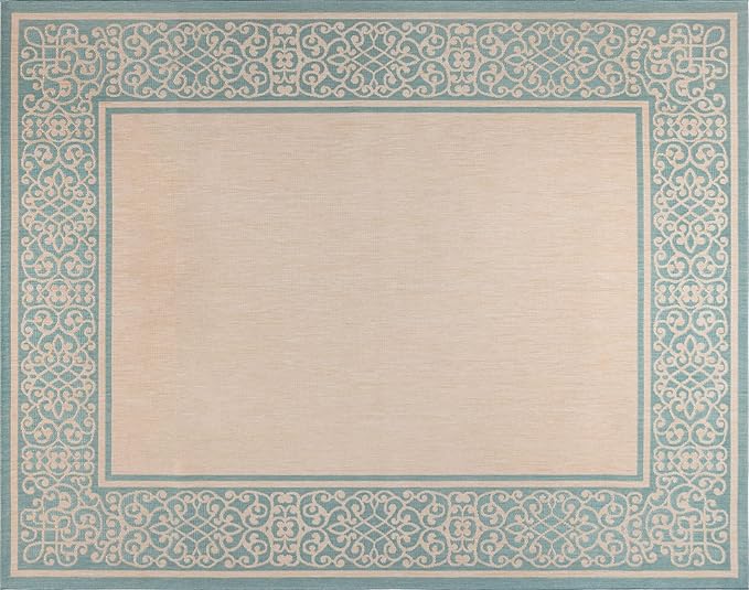 Gertmenian Indoor/Outdoor Flatweave Area Rug - 9x13 Extra Large, Stain & UV Resistant, Ideal For Deck, Patio, Poolside, Mudroom - Abstract Border, Aqua Blue Cyan, 22964