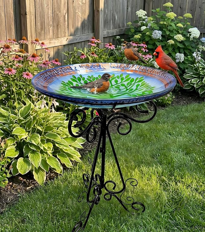 Large Bird Bath for Outside, Glass Bath Bowl with Metal Stand 28" H Standing Outdoor Birdbaths for Garden Yard Lawn Decor, Tree of Life-New
