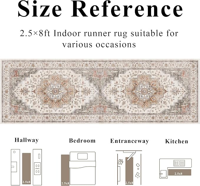 2’6″x 8’ Vintage Runner Rug Low Pile Non-Slip Washable Runners | Retro Distressed Print Rug Orange Gray Carpet Stain Resistant Non-Shedding Long Rug for Hallway Kitchen Bedroom Laundry Room