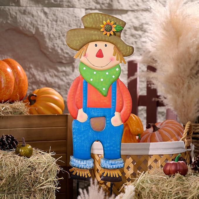 TERESA'S COLLECTIONS Fall Decor for Outdoor Home, Scarecrow for Garden Metal Stakes for Fall Decorations, Autumn Decor for Thanksgiving Decorations, Blue Harvest Yard Signs for Home Lawn Patio, 30"