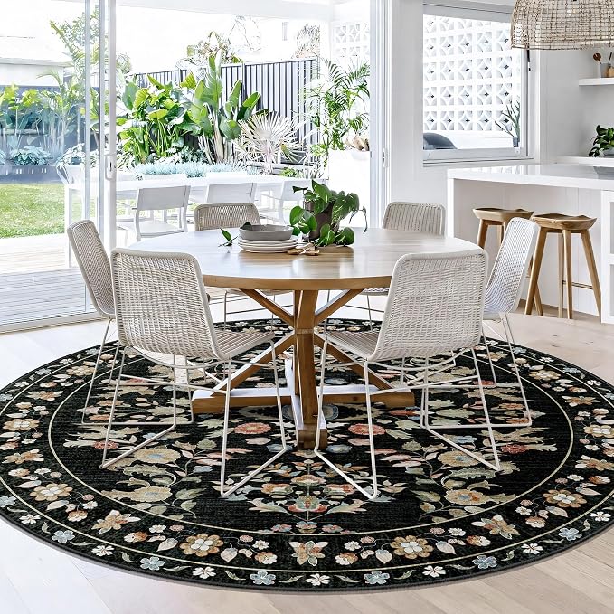 Round Rugs 6ft Circle Area Rug Washable Non Slip Ultra-Thin Floral | Machine Washable Large Circular Throw Carpet for Living Room Dining Room Floor Indoor Low Pile Boho Vintage Black