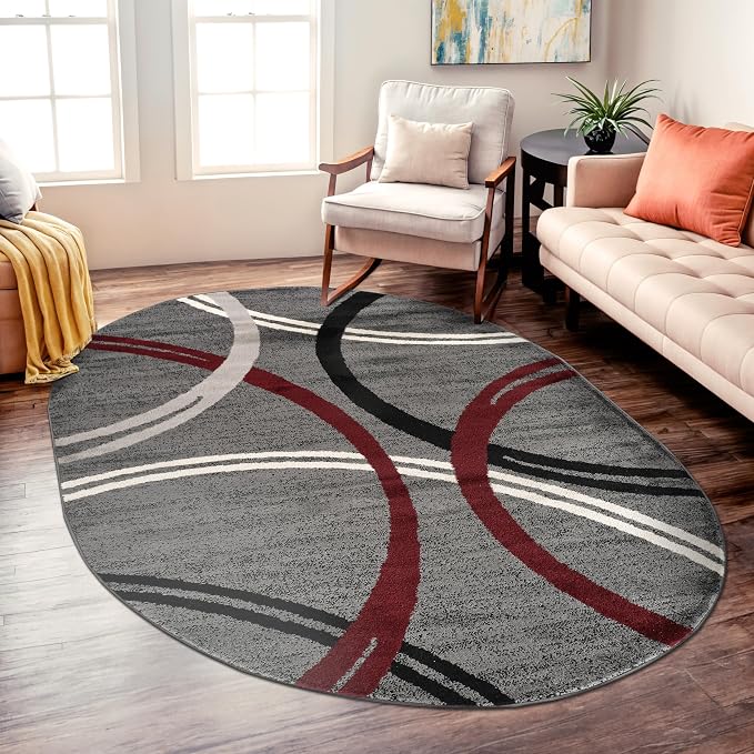 Rugshop Wavy Circles Modern Non-Shedding Living Room Oval Rug Red 5' x 7' | Oval, Size 5' x 7', Bedroom, Dining Room, Home Office, Kitchen, Entryway, Hallway, Nursery, Kids Room, Guest Room