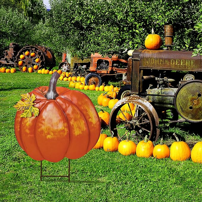 Veclotch Metal Pumpkin Garden Stake Outdoor Fall Decor, Decorative Pumpkin Yard Sign Outside Garden Lawn Décor for Autumn Harvest Thanksgiving Halloween Decoration (1)