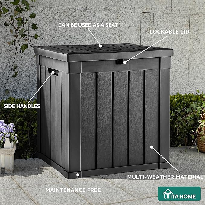 YITAHOME Deck Box, 51 Gallon Weatherproof Outdoor Storage Container for Patio Cushions, Pool Supplies, Garden Tools, Lockable Lid and Side Handles, Black | 51 Gallon Weatherproof Outdoor Storage Container for Patio Cushions, Pool Supplies, Garden Tools...