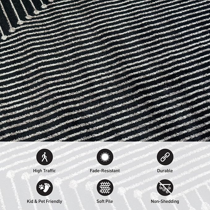 Rugshop Contemporary Bohemian Stripe Area Rug 4' x 6' Black | Jute Backing, Soft Medium Pile, Stain Resistant, No Shedding, Bedroom, Home Office, Dining Nook, Kids Room, Guest Room