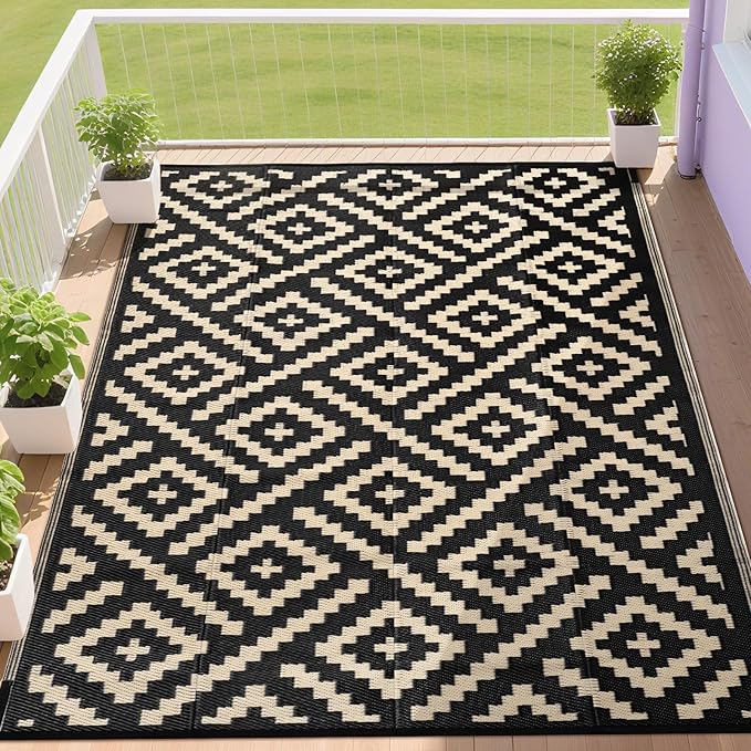 RURALITY Outdoor Rugs 6x9 Feet for Patios Clearance,Plastic Straw Waterproof Mats for Backyard,Porch,Deck,Balcony,Black&Beige