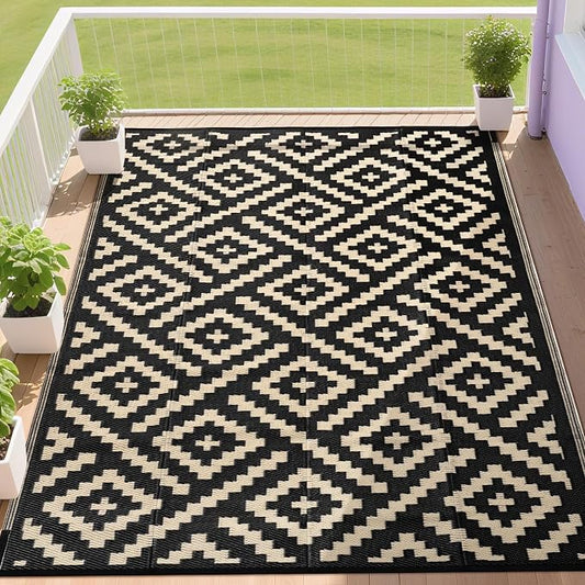 RURALITY Outdoor Rugs 5x8 Feet for Patios Clearance,Plastic Straw Waterproof Mats for Backyard,Porch,Deck,Balcony,Black&Beige