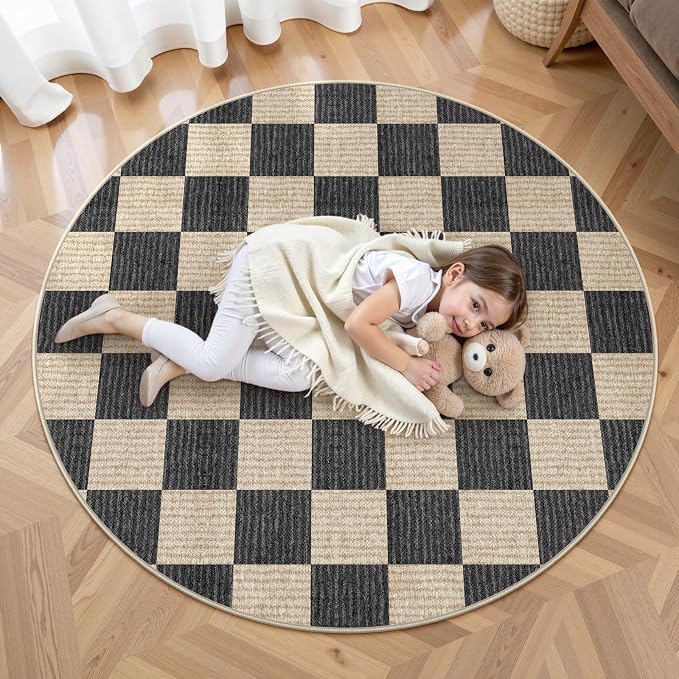 LIVEBOX Checkered Round Rug 4 Ft Washable Area Rug for Playroom Classroom, Kids Non-Slip Neutral Classic Circle Rug Geometric Carpet Soft Boys Nursery Rug for Dorm Bedroom(Black,120R)