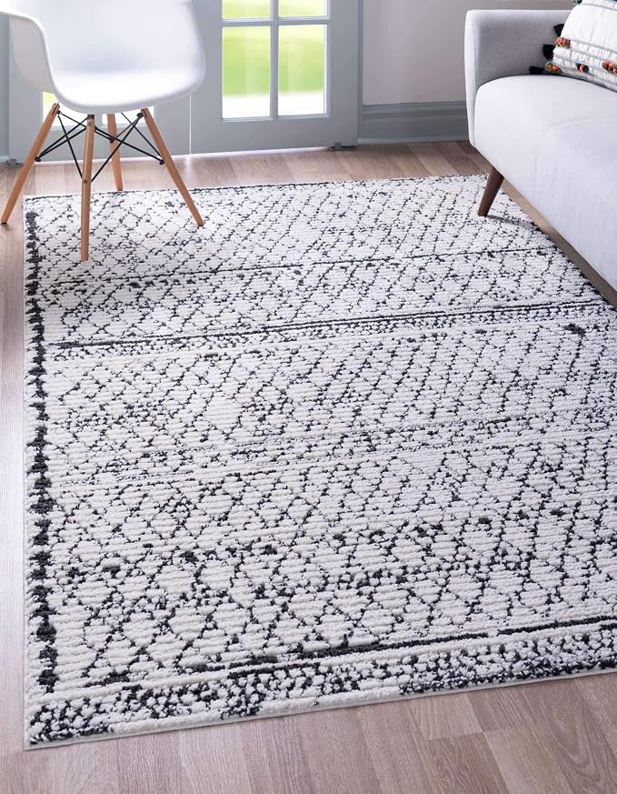 Unique Loom Morocco Collection Abstract Border, Diamond, Bohemian Area Rug (9' 0 x 12' 0 Rectangular, Ivory/Black)