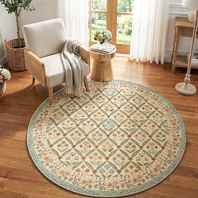 jinchan Round Rug 6ft Vintage Floral Washable Circle Area Rug, Teal Blue | Soft & Lightweight, Checkered Floral, Low Pile, Non Slip, Bedroom, Dining Room, Living Room, Girls Room, Reading Nook