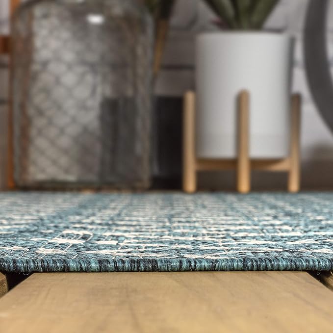JONATHAN Y Moroccan Geometric Indoor Outdoor Round Area Rug 8 Ft Teal/Gray, Ourika Textured Weave for Backyard, Patio, Porch, Easy-Cleaning, High Traffic, Pet-Friendly, Non-Shedding (SMB108C-8R)
