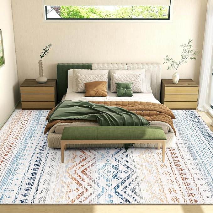 Miukiki 9x12 Area Rug for Living Room, Washable Non Slip Moroccan Rug Multi | Large Soft Rug for Kitchen Bedroom Dining Room Office, Low Pile Indoor Floor Carpet Home Decor 9'x12'