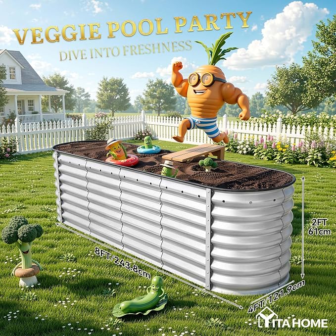 YITAHOME 24" Tall 9 in 1 Large Raised Garden Bed Kit, 8x2x2ft Galvanized Metal Planter Box with Gloves and Safety Rubber, Outdoor Above Ground Planters for Plants Vegetables Flowers, Silver Gray