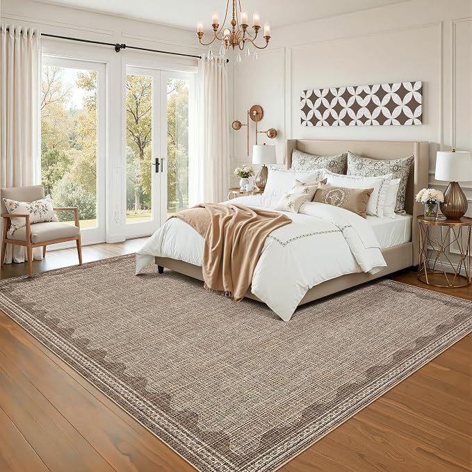 Garvee Large Washable Rug 9x12 Modern Living Room Rug Non Slip Coffee | Stain-Resistant Low Pile Floor Cover Ultra Soft Foldable Bordered Print Carpet for Bedroom Nursery Office Dorm Kids Room