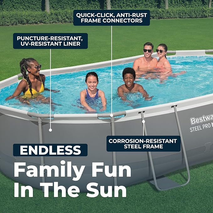 Bestway Steel Pro MAX - 16' x 10' x 42" - Oval Above Ground Swimming Pool Set, ClickConnect Frame, Tritech, Filter Pump-Ladder-Cover, 2,893 Gal Water