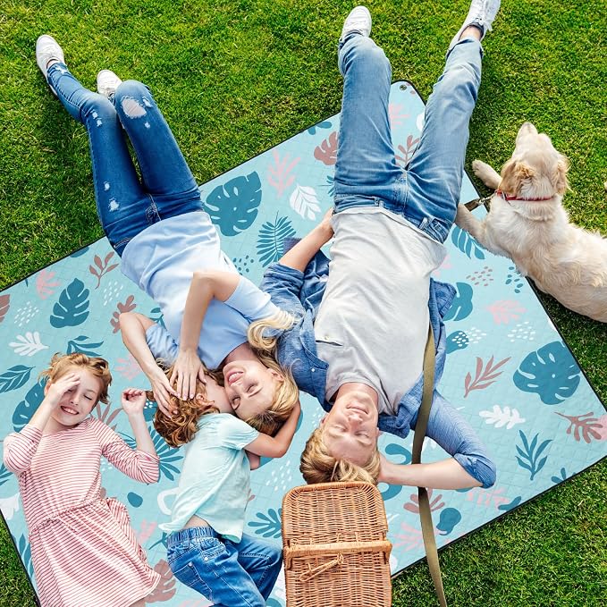 PY SUPER MODE Extra Large Waterproof Picnic Blankets 83x79 Inches - 5 Layer Outdoor Picnic Mat for Beach Camping Park Lawn, Windproof Anchor System with Stakes, Foldable Blue&Green