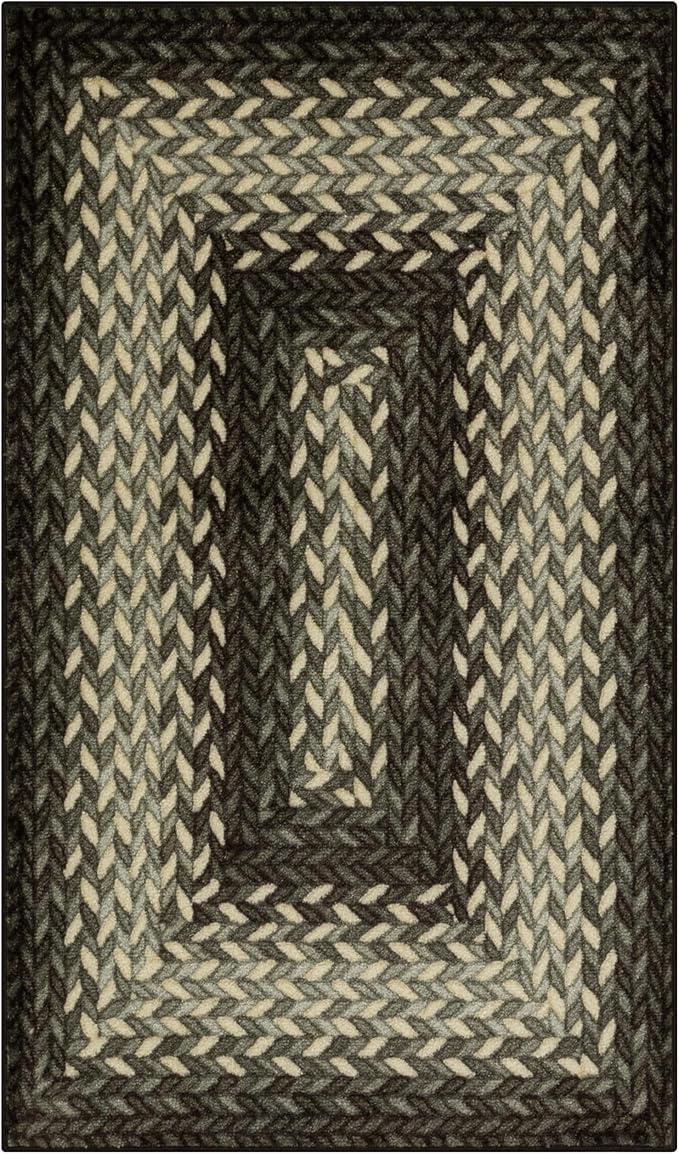 Maples Rugs Marion Bohemian Braided-Style Print Area Rug – Made in USA – Washable, Non-Slip Low-Profile Indoor Throw Rug for Foyer, Kitchen & Bathroom, 34" x 20", Black