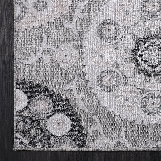 CAMILSON Indoor Outdoor Rug 5x7 Bohemian Medallion Floral Area Rugs for Indoor and Outdoor Patios Easy-Cleaning Non-Shedding Living Room Garden and Kitchen Washable Outside Carpet (5 x 7 / Gray)