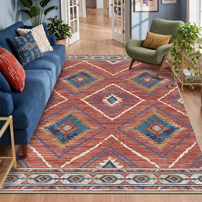 Area Rug 5x7 Rug Machine Washable Non-Slip Low Pile Print Pattern Western Rug for Living Room Bedroom Entryway Tribal Series -Red/Orange | Soft Western No Slip Low Pile Print Foldable Indoor for Kitchen Dining Room
