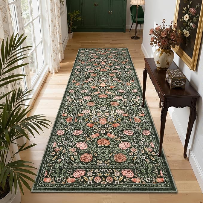 GarveeHome Dark Green Floral Washable 2x3 Rug for Entryway Small Door Mat | Kitchen Bathroom Girls Bedroom Dorm Rug Vintage Boho Rugs Low-Pile Non-Slip Stain Resistant TPE Backing