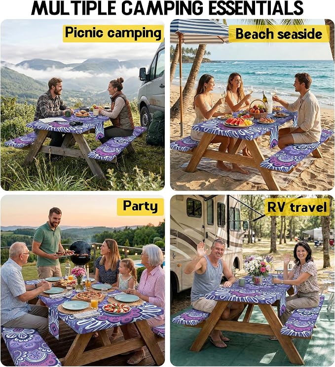 Picnic Table Cover with Bench Covers Elastic Table Cloth Cool Fun Unique Ideas Christmas Xmas Mother Valentine's Day Birthday Party Camping Gifts for Camper RV Owner Camping Lovers Women Mom Adult