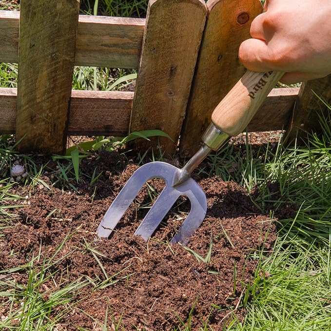 Berry&Bird Gardening Hand Fork, Stainless Steel Hand Weed Fork, Traditional Garden Hand Fork Tool with Ergonomic Ash Wood Handle for Weeding, Digging, Planting and Cultivating