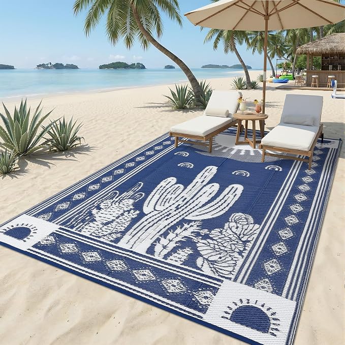 Garvee Reversible Cactus Outdoor Rug 8x10 for Patio, Waterproof Outdoor Area Rug, Modern Desert Botanical Indoor Outdoor Rugs, Plastic Straw Rug for RV, Camping, Deck, Navy Blue & Beige