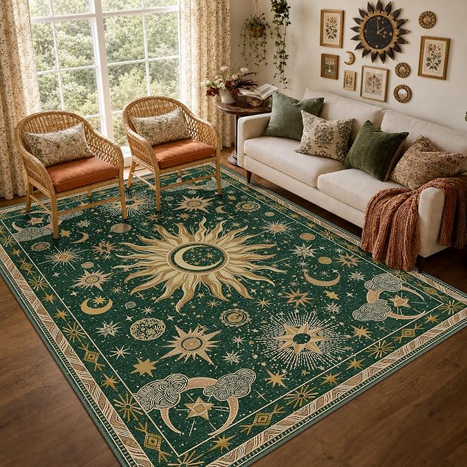 Vacuum-Friendly, 6x9 Washable Area Rug, Green Gold Yellow | Sun and Moon Boho Gothic Non-Slip Low Pile Living Roon Bedroom Dining Room Kitchen Entry Entryway Entrance Hallway Doormat