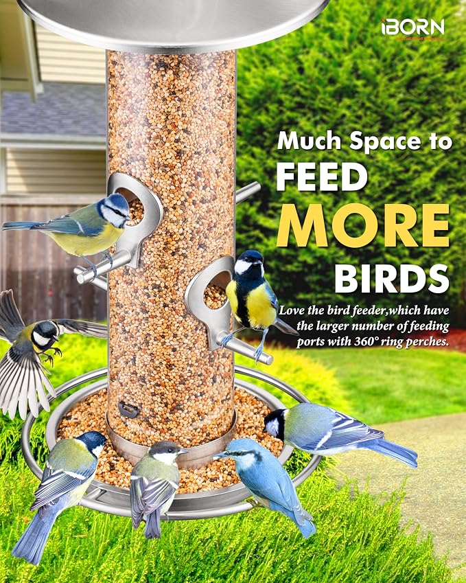 iBorn Metal Bird Feeder for Outside Hanging,Wild Bird Feeders for Cardinal,17cm Large Roof&Nickle,35CM Long,2lb Capacity 8 Ports (Seed is not Included)