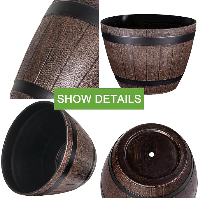 VECELO Plant Pots with Drainage Holes & Saucer, 13 Inch Flower Pots with Tray, 3 Pack Plastic Whiskey Barrel Planters for Indoor & Outdoor Garden Home Plants and Flowers