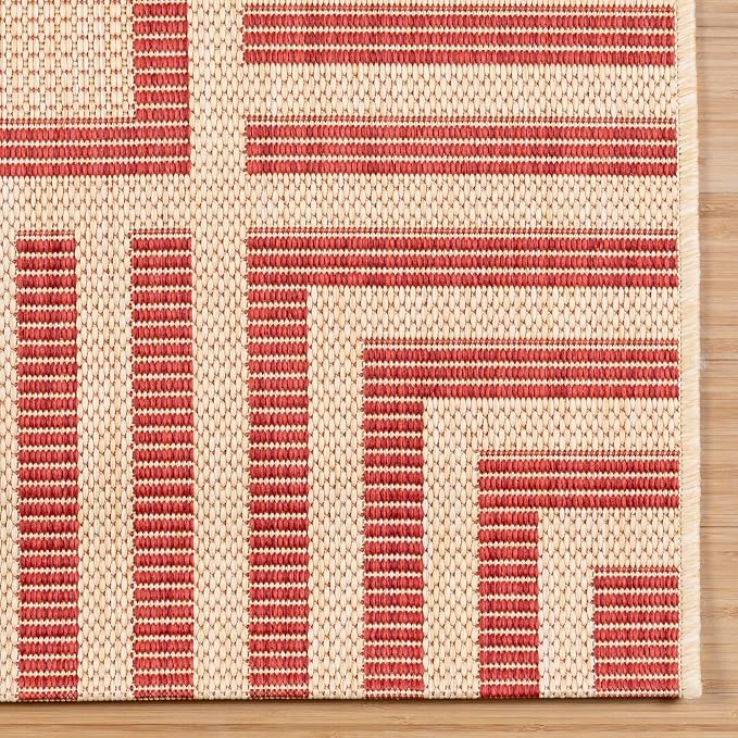 Gertmenian Indoor/Outdoor Flatweave Area Rug - 9x13 Extra Large, Stain & UV Resistant, Ideal for Deck, Patio, Poolside, Mudroom - Klano Striped Sand, Red, 25426