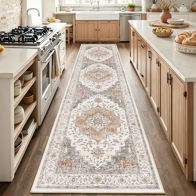 3x12 Vintage Runner Rug Low Pile Non-Slip Washable Kitchen Rug | Retro Distressed Print Rug Orange Gray Carpet Stain Resistant Non-Shedding Long Rug for Hallway Kitchen Bedroom Laundry Room