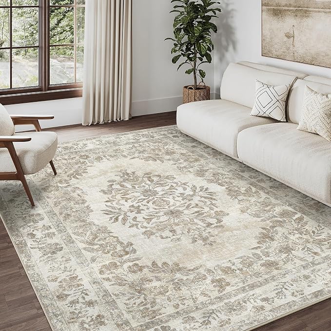 6x9 Washable Area Rug Living Room Cream Beige Vintage Large Carpet | Soft Low Pile, Non Slip, Stain Resistant, Floral Medallion, Neutral Retro Decor for Bedroom, Dining Room, Kids Room, Office